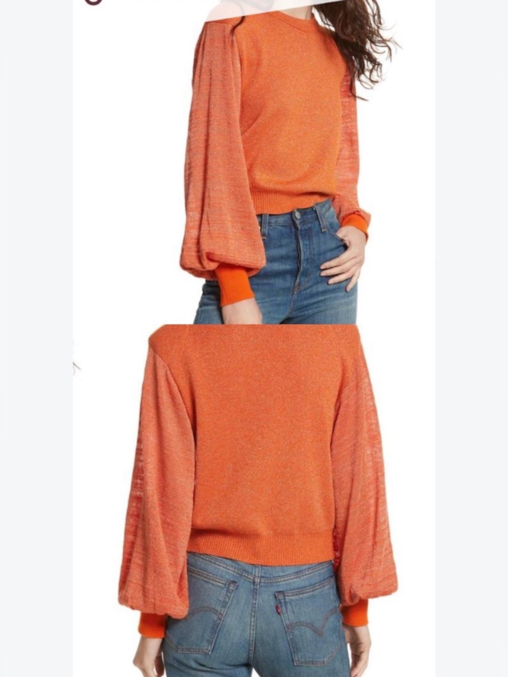 Free People Copper Metallic Balloon Sleeve Cropped Sweater Size S